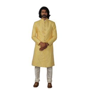 Square Pattern Yellow Sherwani Churidar Set - Modern Joy | Jaipurio